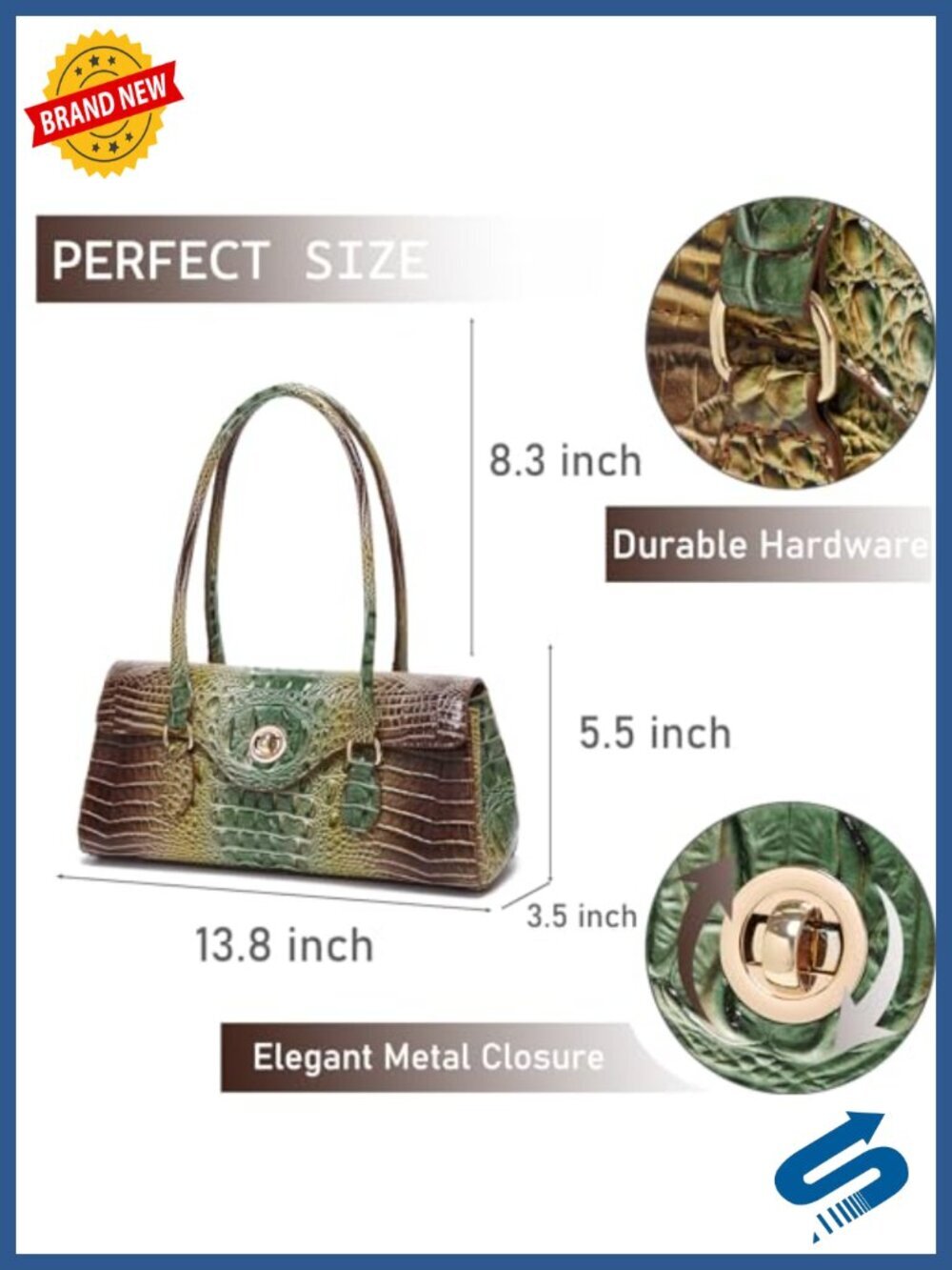 Leather Crocodile Pattern Top Handle Satchel Handbag with Detachable Strap - Picture 3 of 6